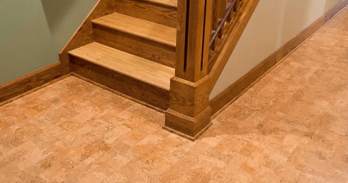 End of a staircase with cork flooring in Newark, NJ